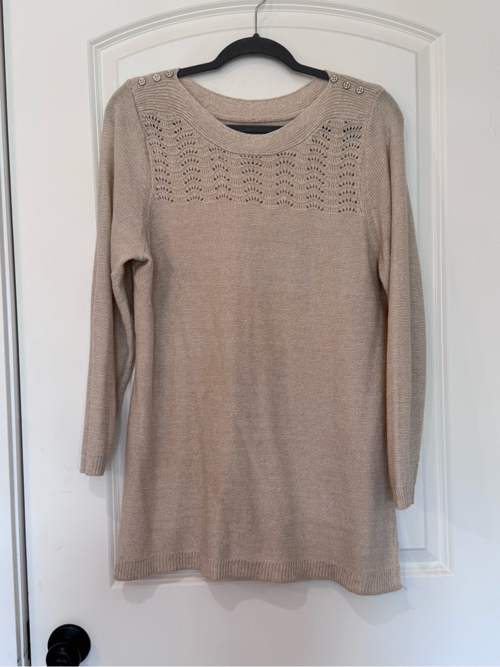 croft & barrow Beige Crewneck Sweater with Button Shoulder Detail